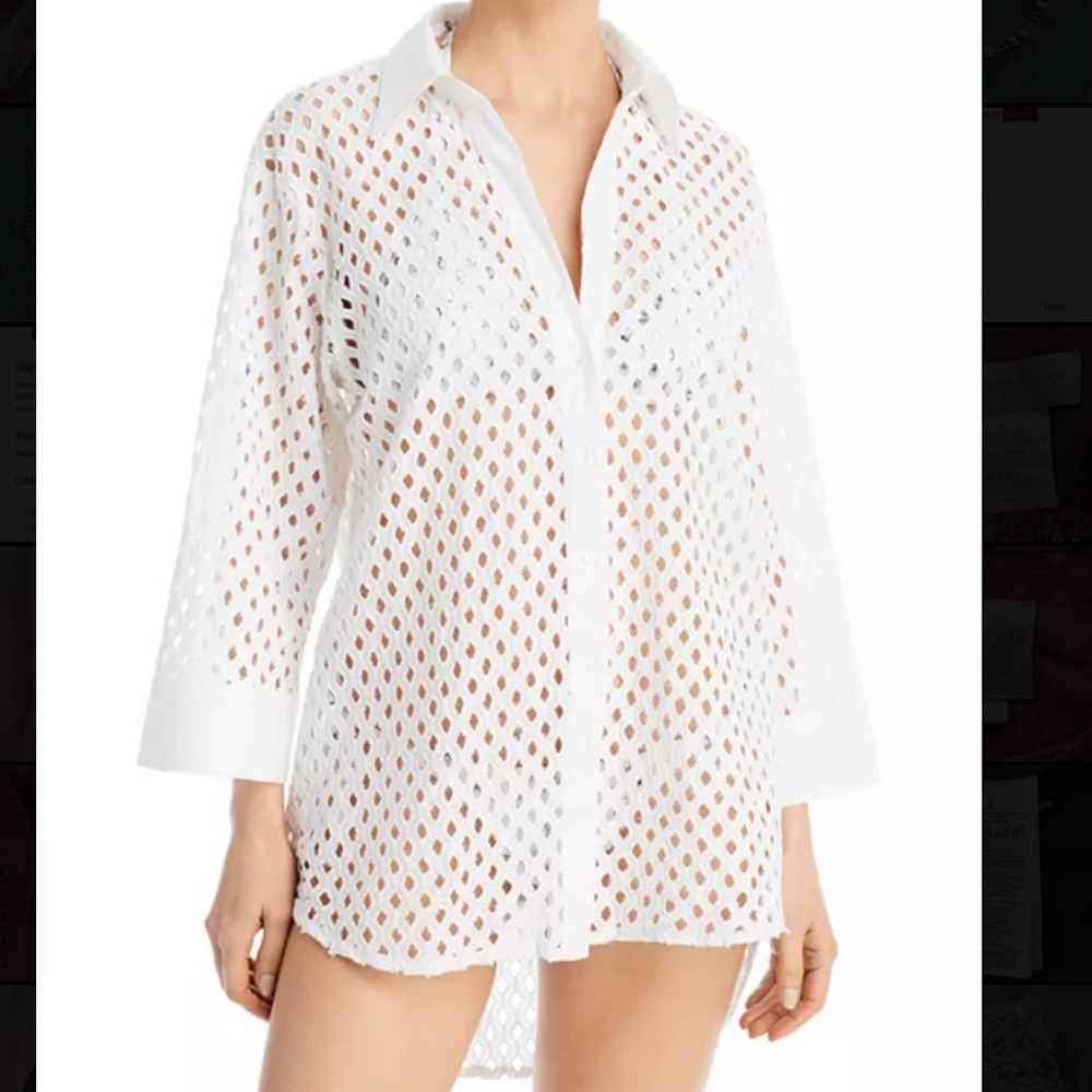 White Aqua Eyelet Cutout Button Front Cover Up Shirt 100% cotton NWT